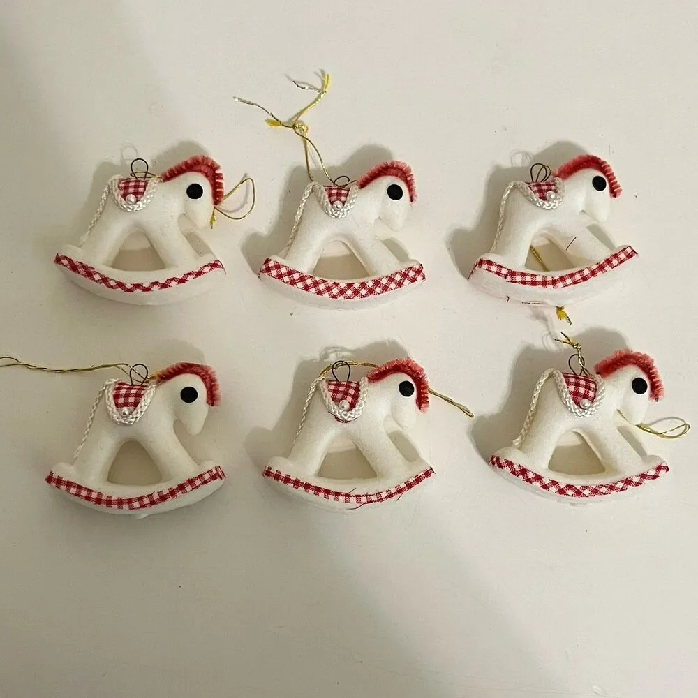 Vintage White Flocked Christmas Ornamants Japan Red Gingham Bear Mouse Elephant